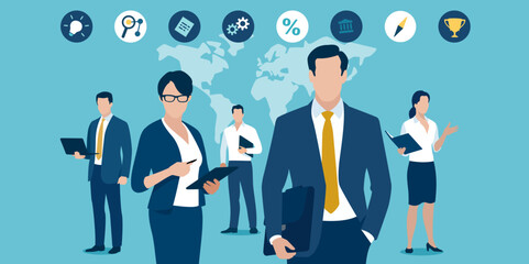 Experts. Team of five business people on a backdrop of world map and business icons. Business vector illustration.