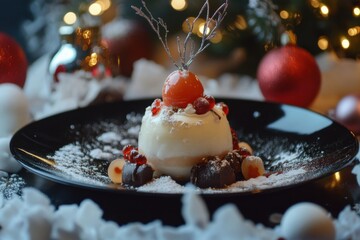 Indulging in a festive dessert with a cherry on top during winter celebrations at a cozy indoor setting