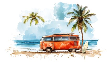 Vintage van watercolor surf beach coastal scene ocean travel vibe palm breeze camper paradise picture
