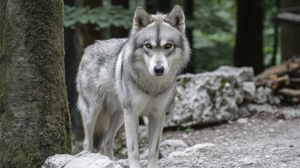 Stunning Alaskan Husky, athletic build, powerful legs, alert expression - Pulling Trees Dog Mountains Alaskan
