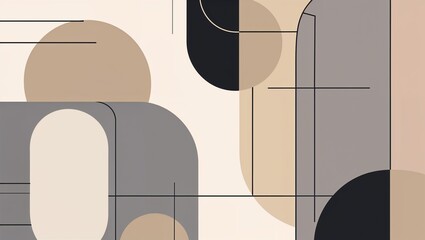 Linear abstract shapes with thin black outlines overlapping in soft shades of beige and gray