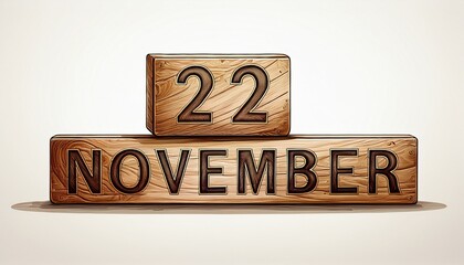 Illustration of wooden blocks with date 22 November. Day and month, simple calendar