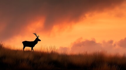 Naklejka premium Silhouette deer at sunset