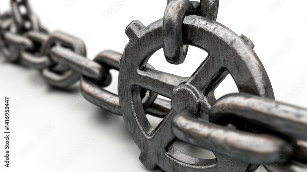 Poster close-up of a metallic chain with a wheel component showing intricate details and textures in a stud