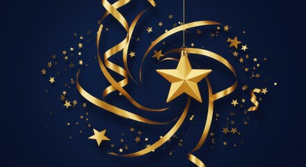 Elegant gold star and ribbon decoration on dark blue background