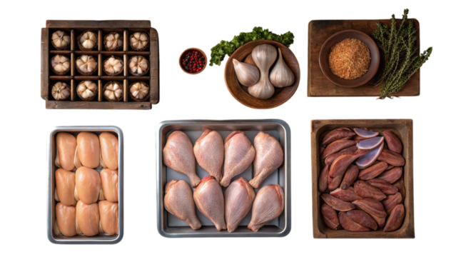 A rustic gourmet chicken and garlic feast ready for roasting, featuring succulent chicken pieces, plump garlic bulbs, and rich seasonings in elegant wooden and metal trays.