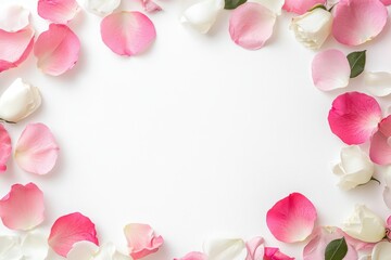 Floral arrangement of pink and white petals on white background