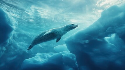 Obraz premium Seal's Tranquil Arctic Dive: A Gentle Encounter with Icebergs Underwater