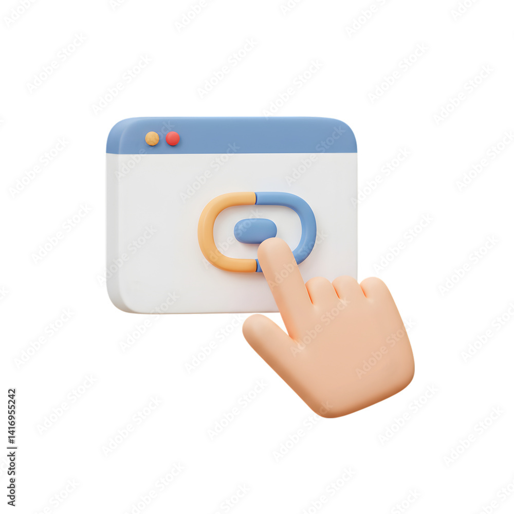 Poster stylized hand interacting with link icon in a 3d rendered web interface