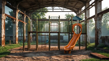 Fototapeta premium Old playground rusting in the ruins