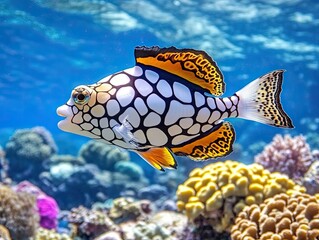 Fish with a white body and black spots swims in a coral reef. The fish is surrounded by a variety of colorful coral and other sea creatures. The scene is vibrant and lively, showcasing the beauty