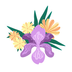 Bright spring bouquet with stylized foliage and iris flowers. Vector illustration with layered petals and bold color. Mixed floral bundle with hand-drawn elements. For spring patterns and nature print