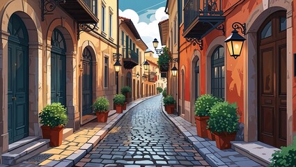 Fototapeta premium Old town alley with cobblestone streets and lanterns