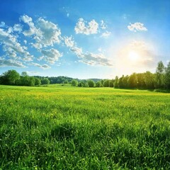 Obraz premium Sunny meadow Green field beneath bright sky with scattered clouds and trees