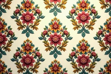 Intricate floral damask pattern in muted tones, wallpaper design, home
