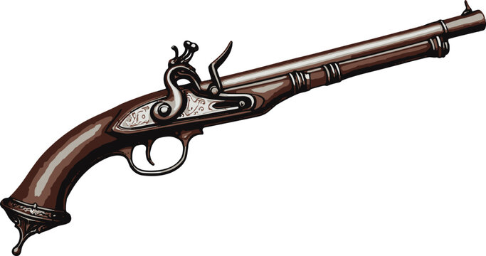 Antique Flintlock Pistol Isolated on White &ndash; Vintage Historical Firearm