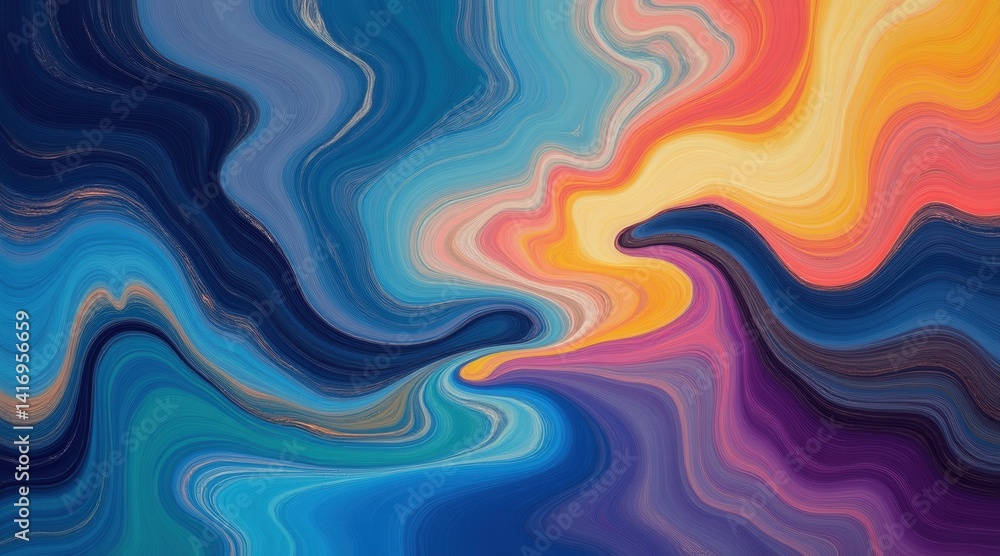 Poster a vibrant abstract swirl of colors blending fluidly, creating a dynamic visual experience with waves