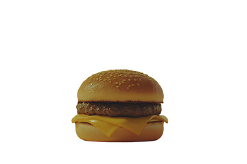 Isolated cheeseburger: sesame seed bun, beef patty, and melting cheese on white.