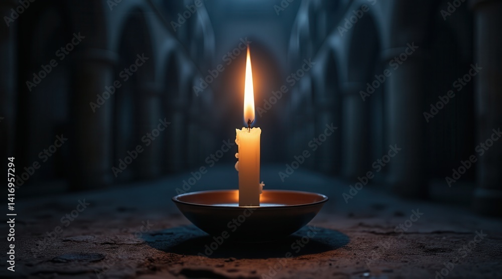 Aufkleber a solitary candle flickers in a dimly lit setting, casting soft shadows in an ancient architectural 