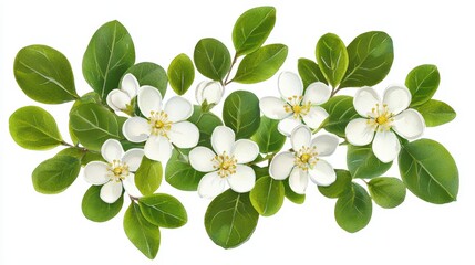 Obraz premium Delicate white flowers with green leaves on a bright background