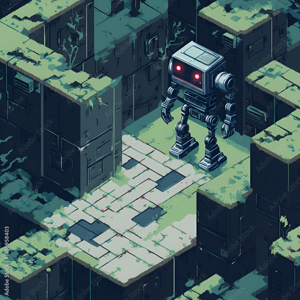 Poster exploring a futuristic robot adventure in a pixelated landscape digital art isometric view technolog
