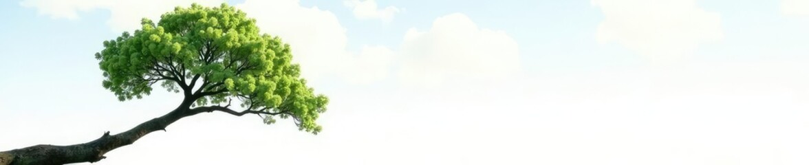 Long isolated tree branch hanging from sky on white background, ethereal, serene, nature