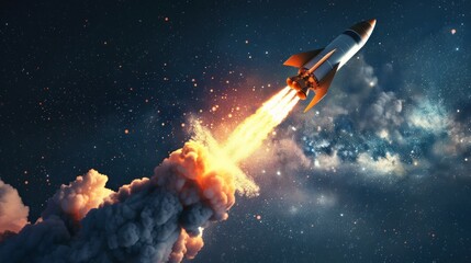 Obraz premium Dramatic Rocket Launch Against Starry Sky Symbolizing Innovation and Aspirations