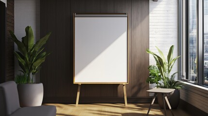 Blank whiteboard with warm shadows and floor plants