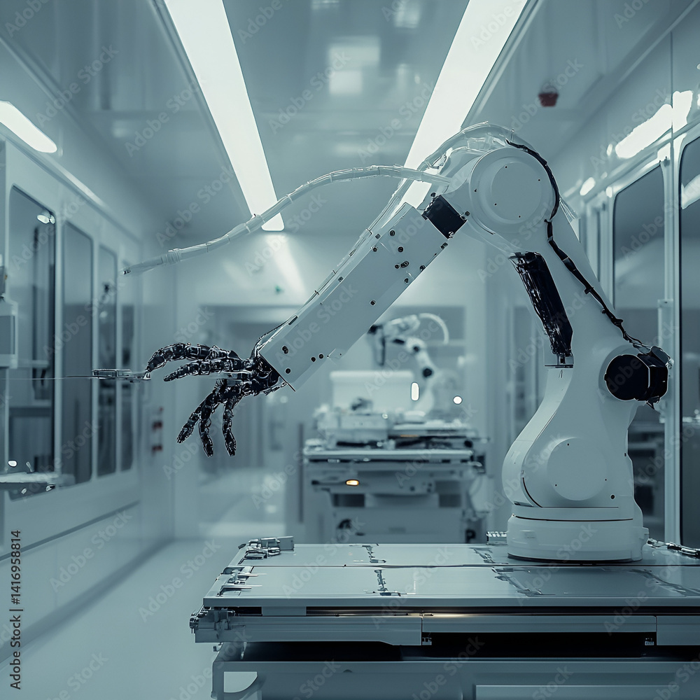 Poster robotic arm performing precision tasks in a modern factory industrial environment high-tech viewpoin