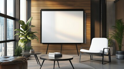 Wall-mounted canvas in living room with chairs and greenery