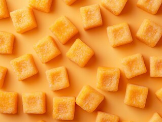 Delicious square orange candy pieces arranged on a vibrant background.