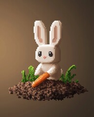 A minimalistic 3d pixel art design of a cute bunny digging underground in search of a carrot, with only its ears and fluffy tail sticking out of the dirt. The artwork is in a clean, blocky, voxel