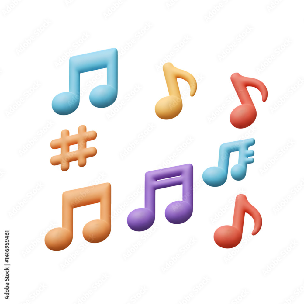 Poster colorful music notes floating on a white background in a playful style