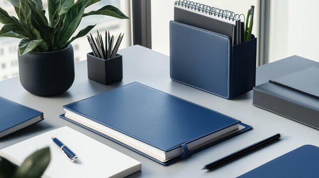 Flat lay of blue office supplies and green plant on white desk