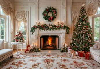 Elegant Cozy Living Room Decorated for Christmas with Tree, Fireplace, Presents, and Festive Accents