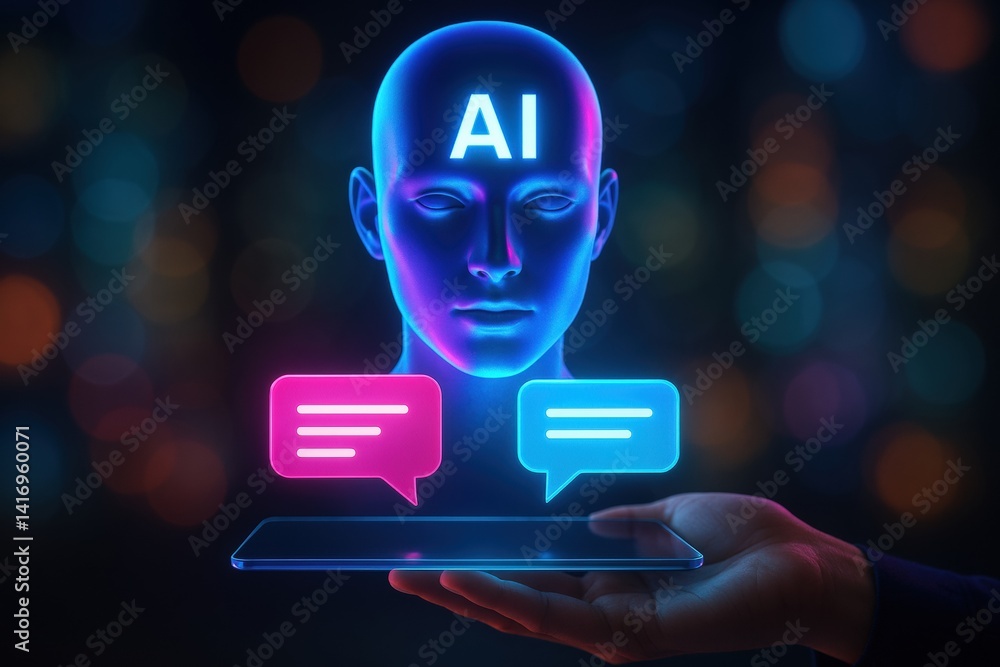 Poster futuristic ai head transmitting and receiving messages via mobile device, concept illustration showi