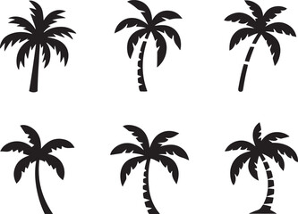 Fototapeta premium Six Simple Black Silhouette Palm Trees Against White Background