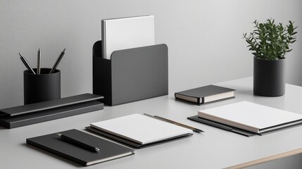 Black and white workspace with tablet and succulent