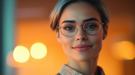 Confident young woman smiling with glasses, illuminated by warm lights in a cozy indoor setting during evening hours
