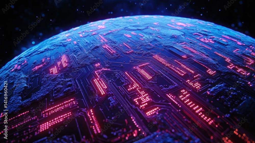 Poster futuristic digital globe with glowing circuitry and neon lights depicting advanced technology concep