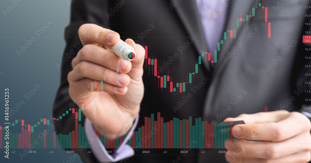 Aufkleber hand of trader with pen checking stock market data on screen