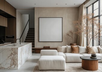 Fototapeta premium Modern Minimalist Living Room with Neutral Tones and Elegant Decor Featuring a Large Blank Canvas Wall