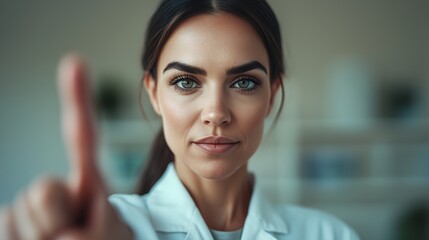 Fototapeta premium Healthcare professional demonstrating a serious expression while giving a warning gesture in a clinical environment