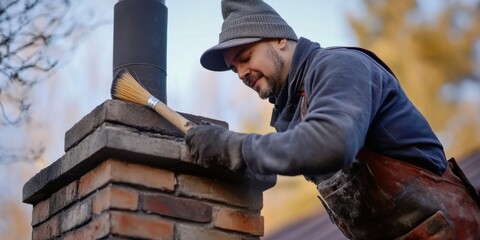 Skilled worker cleans a chimney in a residential area during early morning hours to ensure safe heating