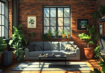 Cozy Urban Living Room with Plants and Natural Light in a Brick Wall Setting