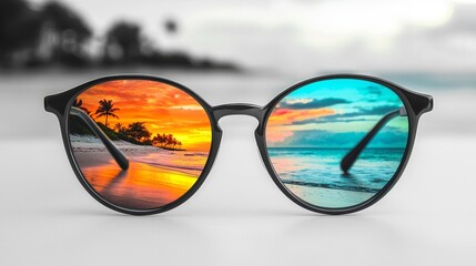 Reflection of a stunning beach sunset captured through stylish sunglasses on a warm evening