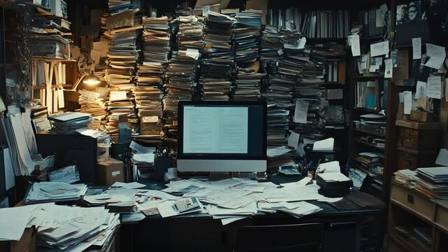 Overwhelmed by paperwork: Chaotic workspace with computer and piles of documents