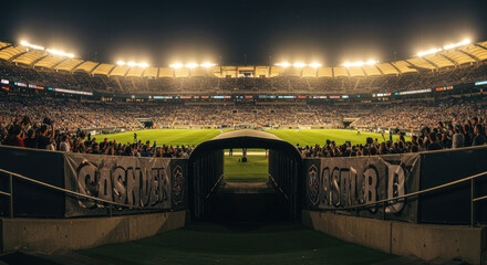 The entrance tunnel leading to illuminated universal stadium with green grass and full of fans.