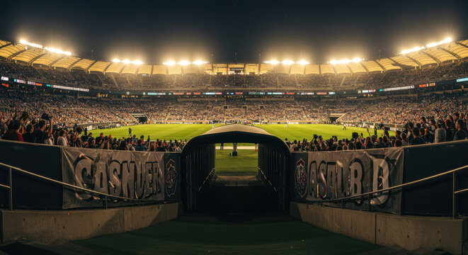 The entrance tunnel leading to illuminated universal stadium with green grass and full of fans.