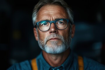 Fototapeta premium Mature man with glasses and beard posing seriously in a dimly lit environment, showcasing life experience and wisdom